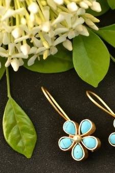 Designer Turquoise stone floral motif danglers drops hoop earrings