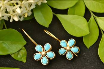 Designer Turquoise stone floral motif danglers drops hoop earrings 2
