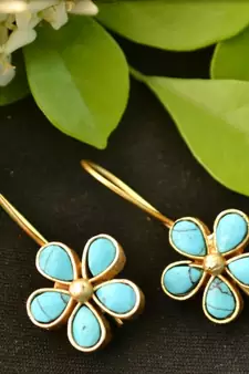 Designer Turquoise stone floral motif danglers drops hoop earrings