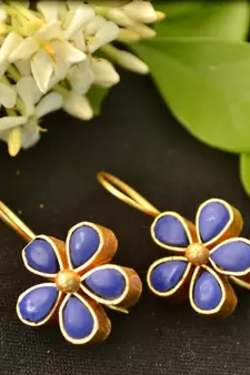 Designer Purple stone floral motif danglers drops hoop earrings