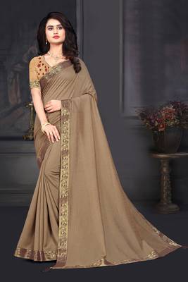 Indian Women Brown Vichitra silk Lace Work Designer Saree 1