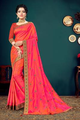 Indian Women Orange and Pink Vichitra silk Embroidered with Border Designer Saree 1