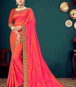 Indian Women Orange and Pink Vichitra silk Embroidered with Border Designer Saree