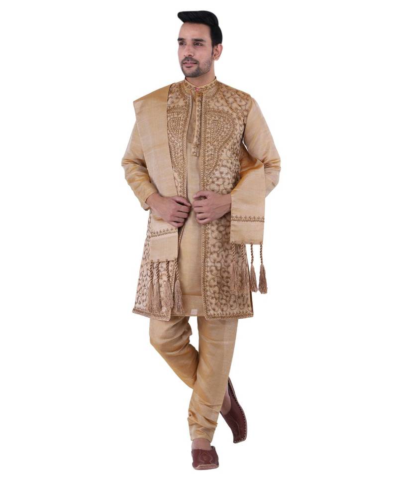 Silk  Chiku Sherwani Long Kurta Chiku Pyjama Chiku jacket  and  Stole Party Dress Set