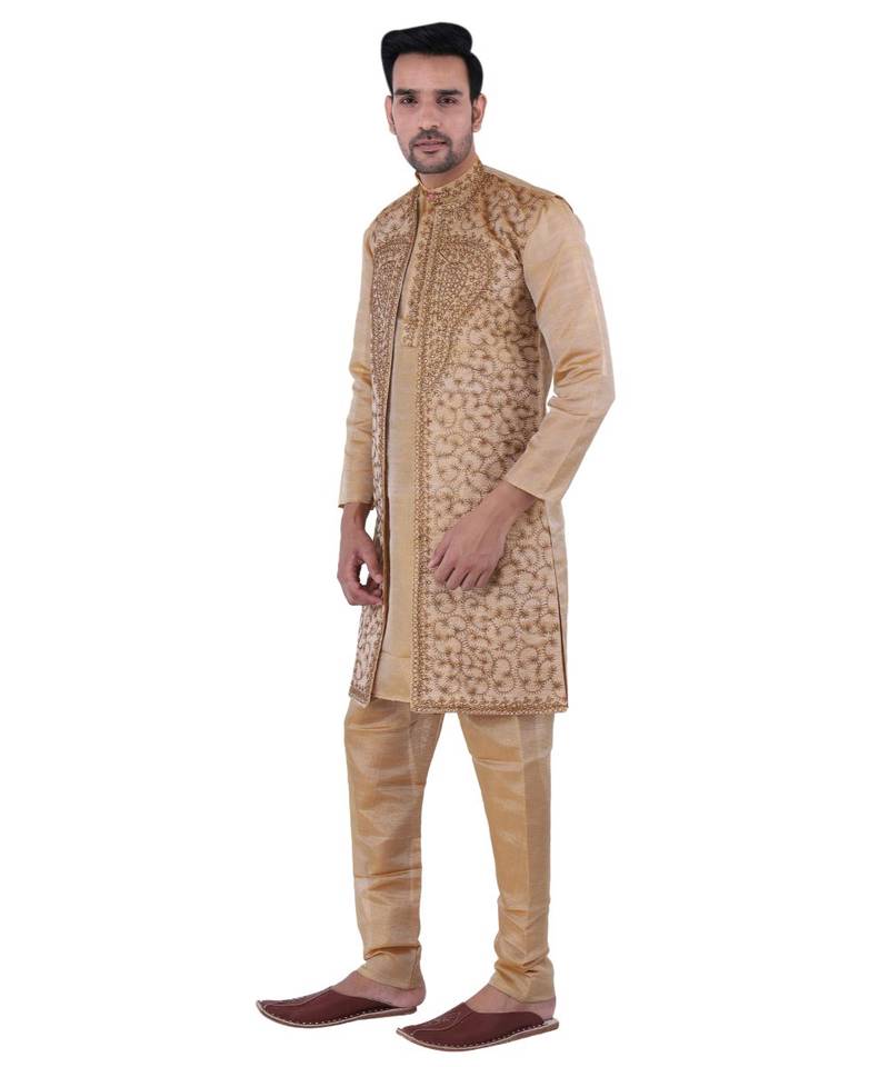 Silk  Chiku Sherwani Long Kurta Chiku Pyjama Chiku jacket  and  Stole Party Dress Set