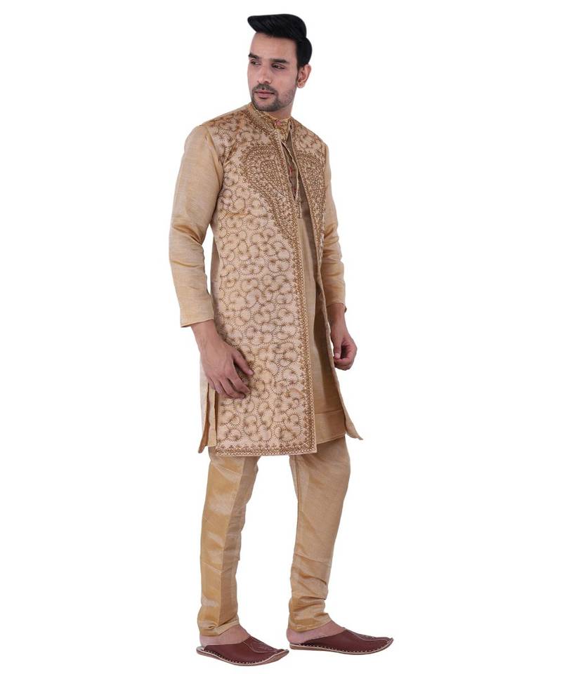 Silk  Chiku Sherwani Long Kurta Chiku Pyjama Chiku jacket  and  Stole Party Dress Set