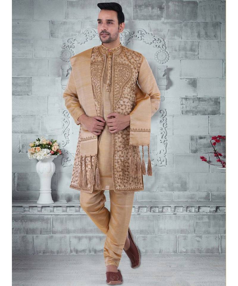 Silk  Chiku Sherwani Long Kurta Chiku Pyjama Chiku jacket  and  Stole Party Dress Set