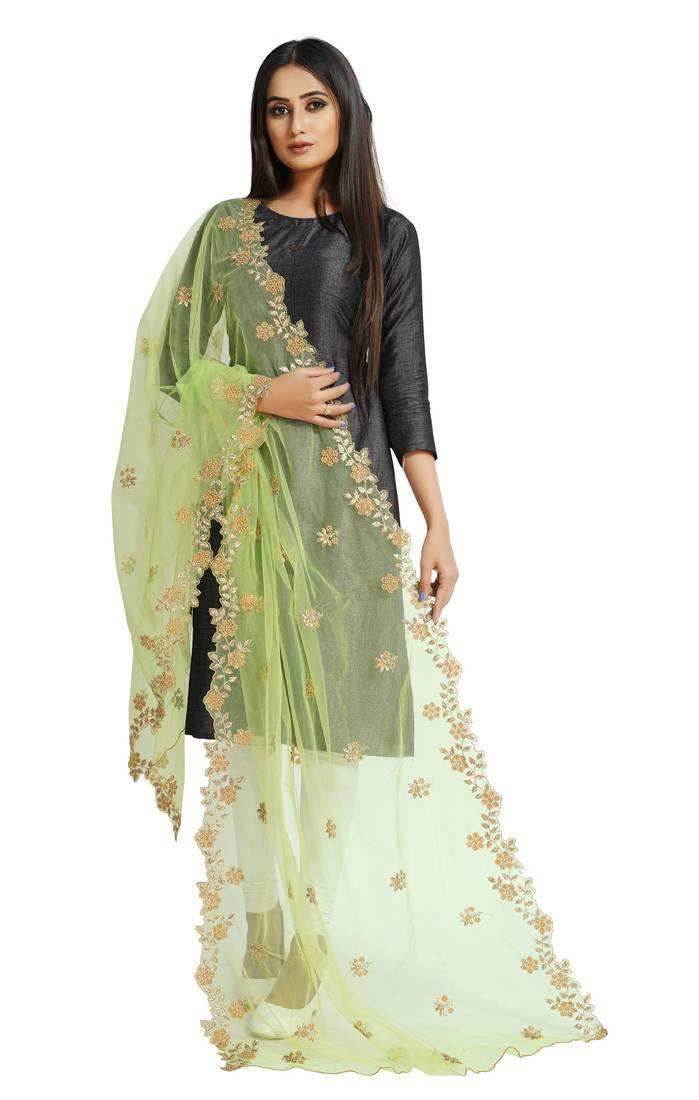 Fabric and Lace Light Parrot Green Net Party & Festive Women's Dupatta or Chunni