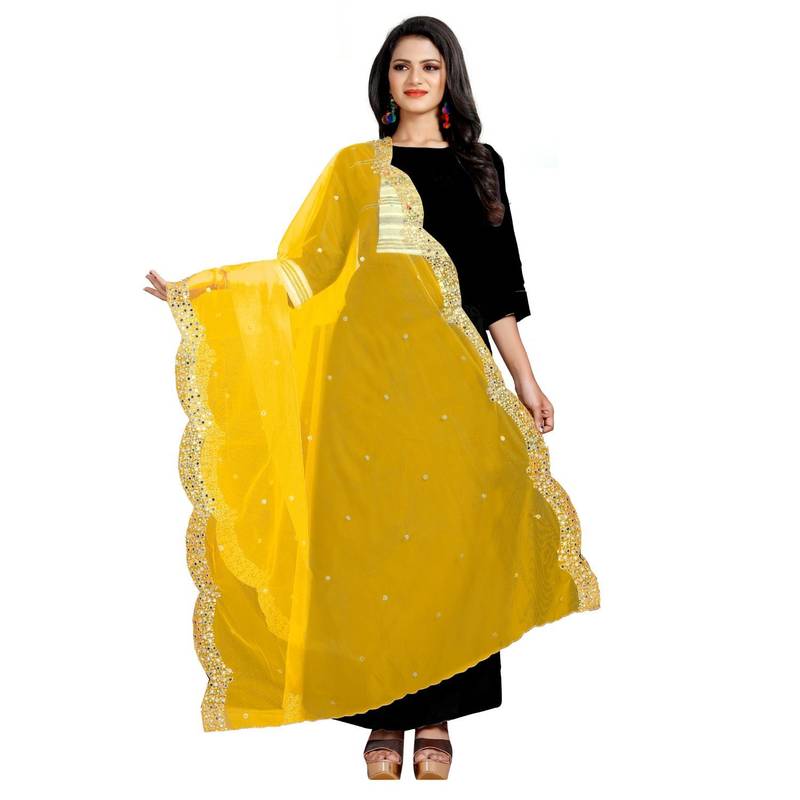 Fabric and Lace Yellow Net Party & Festive Women's Dupatta or Chunni