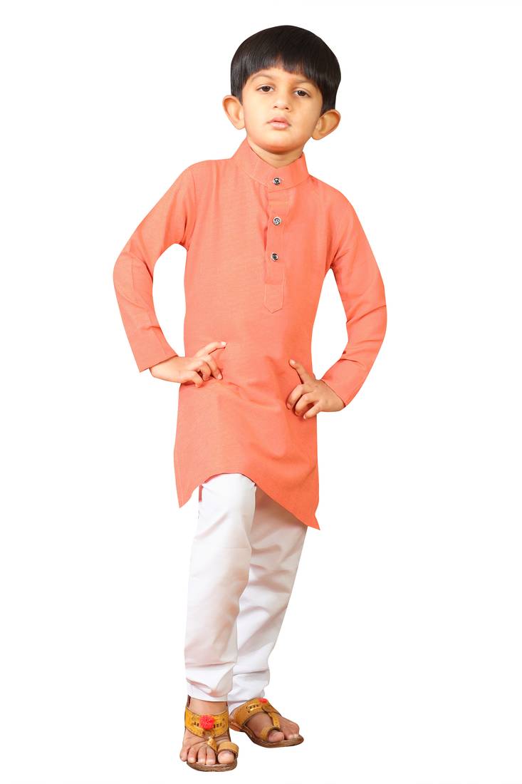 Kids Orange Kurta Pajama Set For Boys`