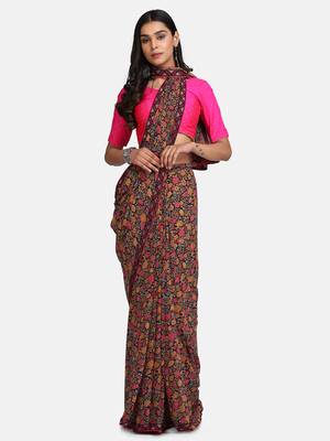 Black Printed Chiffon Saree With Blouse 1
