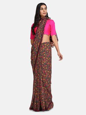 Black Printed Chiffon Saree With Blouse 3