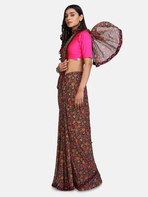 Black Printed Chiffon Saree With Blouse 4