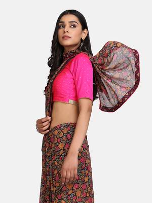 Black Printed Chiffon Saree With Blouse 5