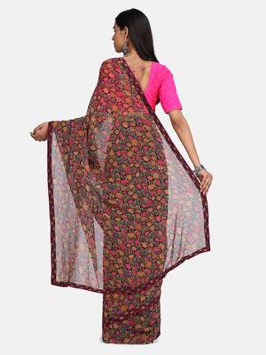 Black Printed Chiffon Saree With Blouse 6