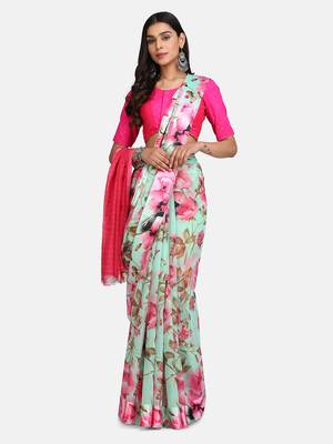 Green printed cotton silk saree with blouse 1