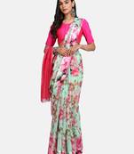 Green printed cotton silk saree with blouse