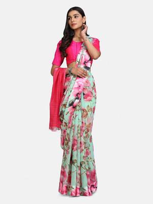 Green printed cotton silk saree with blouse 3