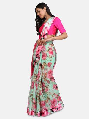Green printed cotton silk saree with blouse 4