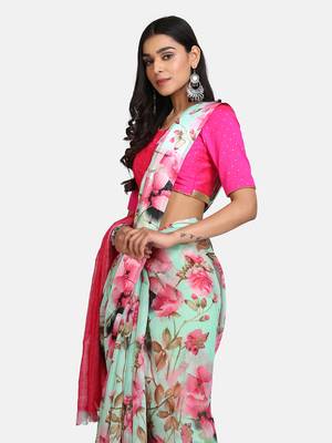 Green printed cotton silk saree with blouse 5