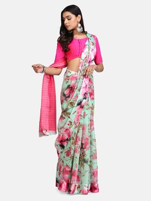 Green printed cotton silk saree with blouse 6