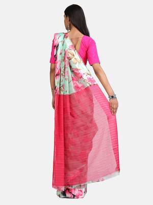 Green printed cotton silk saree with blouse 7
