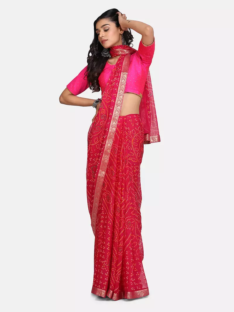 Red Printed Chiffon Saree With Blouse