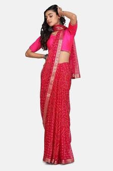 Pink Printed Chiffon Saree With Blouse