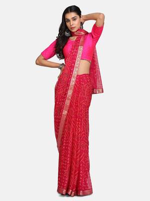 Pink Printed Chiffon Saree With Blouse 3