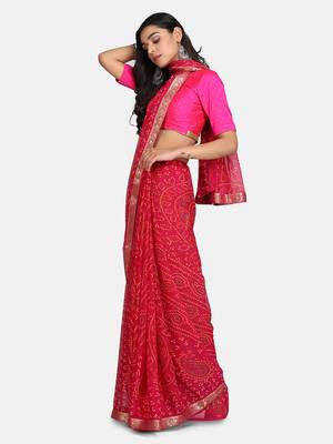 Pink Printed Chiffon Saree With Blouse 4
