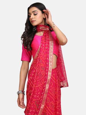 Pink Printed Chiffon Saree With Blouse 5