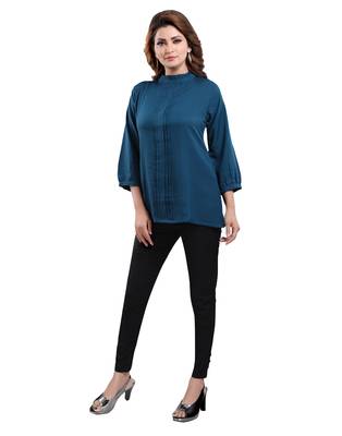 Blue plain crepe short-kurtis 3