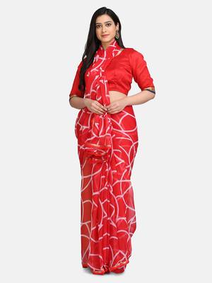 Red Printed Chiffon Saree With Blouse 1