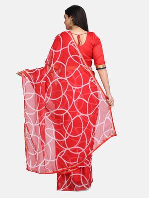 Red Printed Chiffon Saree With Blouse 4