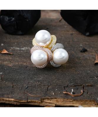 golden silver designer diamond pearl ring 1