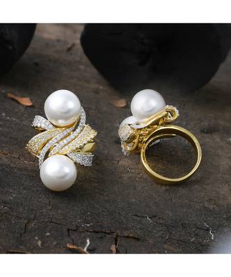 golden silver stylish diamond pearl ring 1