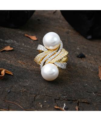 golden silver stylish diamond pearl ring 2