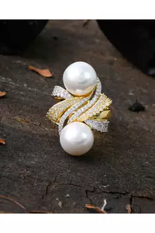 golden silver stylish diamond pearl ring