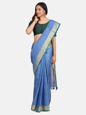 Blue Hand Woven Linen Saree With Blouse 1