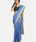 Blue Hand Woven Linen Saree With Blouse
