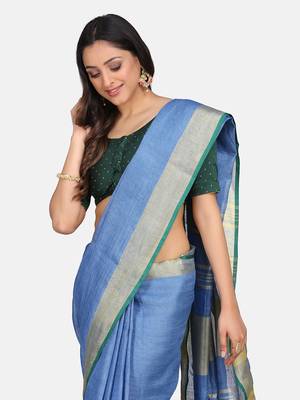 Blue Hand Woven Linen Saree With Blouse 5