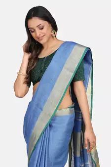 Blue Hand Woven Linen Saree With Blouse