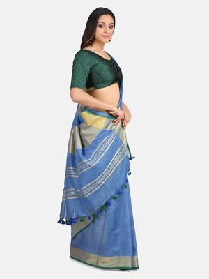 Blue Hand Woven Linen Saree With Blouse 6
