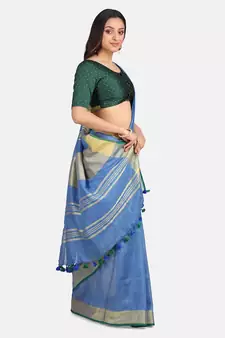 Blue Hand Woven Linen Saree With Blouse
