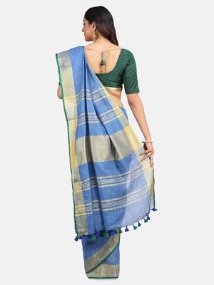 Blue Hand Woven Linen Saree With Blouse 7