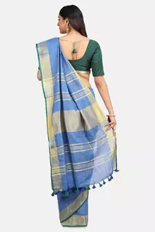 Blue Hand Woven Linen Saree With Blouse