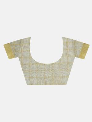 Small Check Golden Tissue Linen Handwoven Saree With Contrast Border And Blouse Piece 4