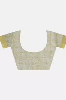 Small Check Golden Tissue Linen Handwoven Saree With Contrast Border And Blouse Piece