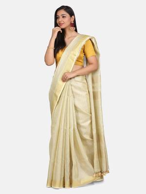 Small Check Golden Tissue Linen Handwoven Saree With Contrast Border And Blouse Piece 1
