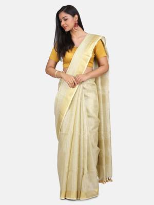 Small Check Golden Tissue Linen Handwoven Saree With Contrast Border And Blouse Piece 5